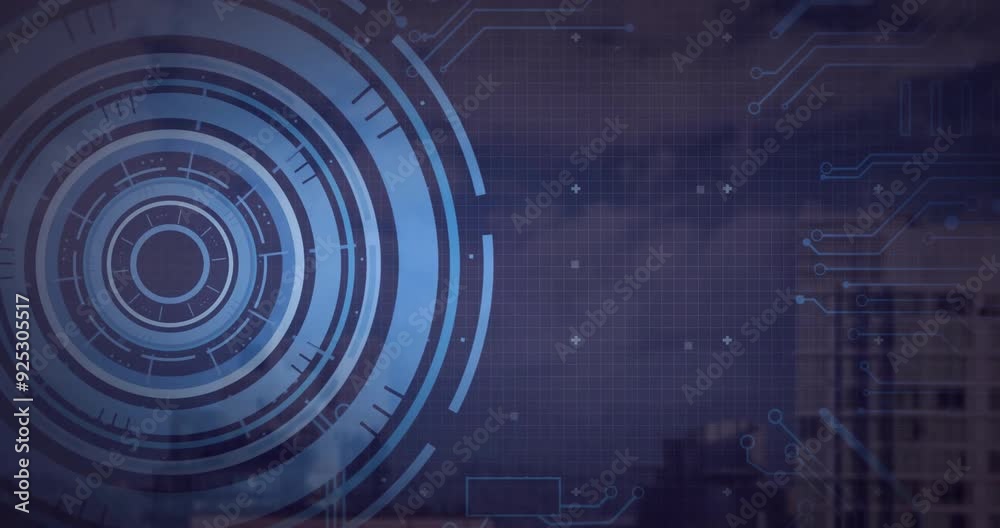 Poster circular interface animation over cityscape with grid and circuit patterns