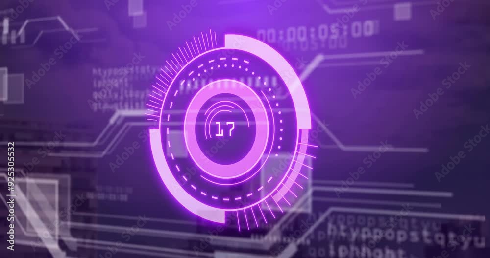Poster rotating elements and numbers animation over circuit background, futuristic digital interface
