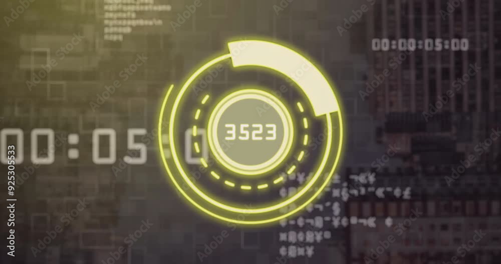 Poster digital countdown animation with numbers and circular graphics over cityscape background