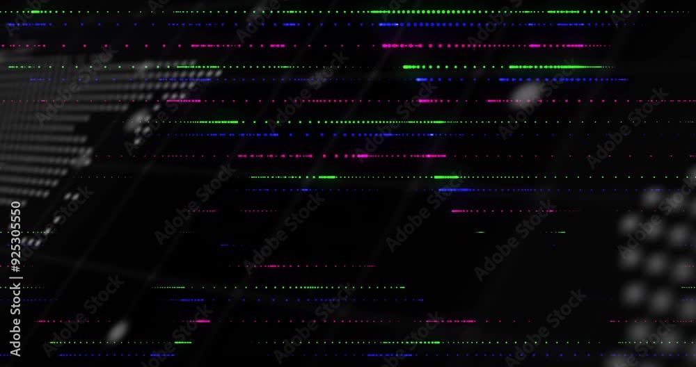 Poster colorful data lines and text animation over dark grid background