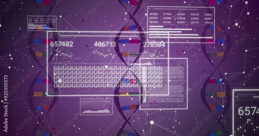 Sticker animating dna strand and data processing over purple background