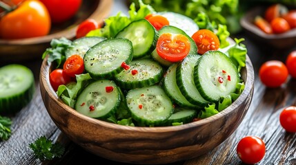 A fresh salad with cucumber slices and cherry tomatoes in a wooden bowl.
