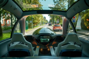Looking out through the windshield of a car at a busy street with cars and pedestrians, Reflect on the possibilities of self-driving cars and their impact on transportation