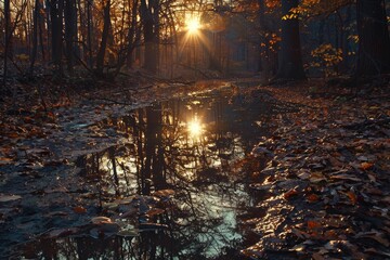 Sunlight filters through dense forest, illuminating trees in woods with vibrant colors and light, Reflect the ever-changing colors and light of sunrise and sunset on the trail