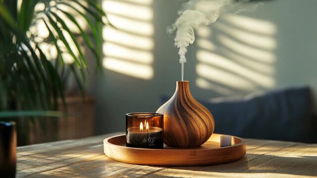 A wooden diffuser releases fragrant mist beside a glowing candle on a rustic table, bathed in soft sunlight.