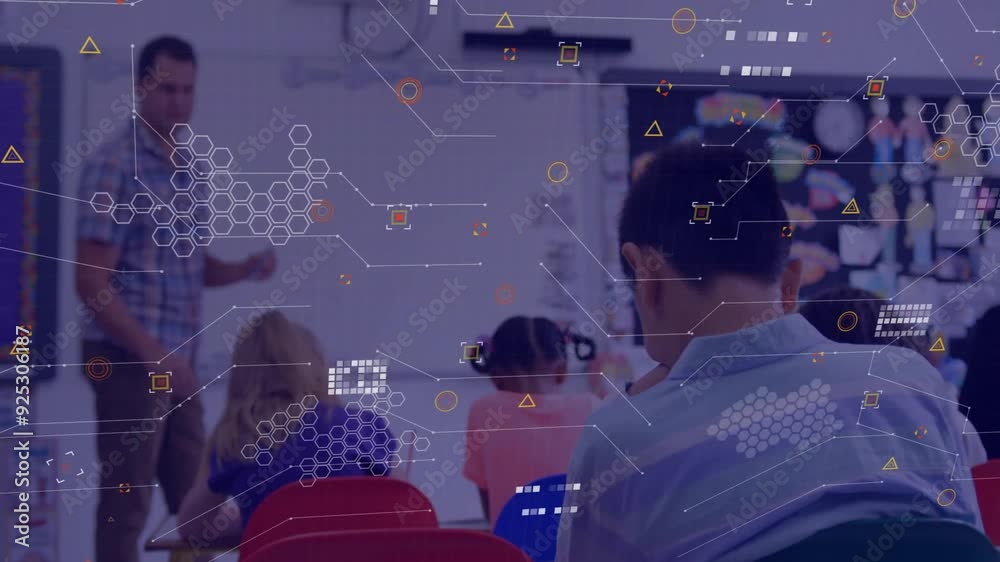 Poster digital network and data processing animation over students and teacher in classroom