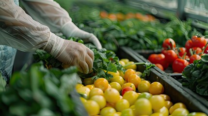Freshly harvested vegetables being sorted and packed on a farm. 