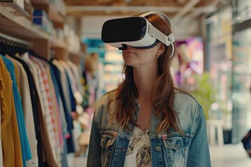 A woman is testing a virtual reality headset inside a store, Reimagine the traditional shopping experience in a virtual reality setting