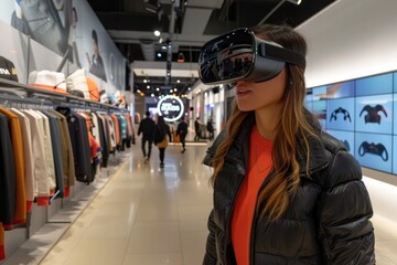 A woman stands in a store, testing a virtual reality headset, Reimagine the traditional shopping experience in a virtual reality setting