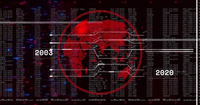 Digital data and world map animation over financial statistics from 2004 to 2019