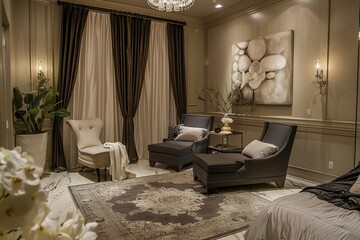 A fully furnished living room with an elegant chandelier hanging from the ceiling, Relaxing beauty lounge for clients to unwind before their treatments