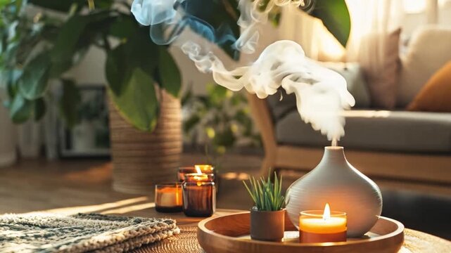 A diffuser emits steam while candles glow softly, creating a tranquil atmosphere in a bright and inviting living room.
