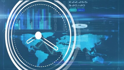 Clock animation over global financial data and stock market charts - Powered by Adobe