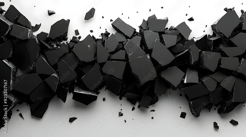 Wall mural a fractured surface of black shards scattered on a white background.