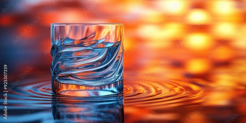 Poster Glass of Water with Ripples and a Blurry Orange Background