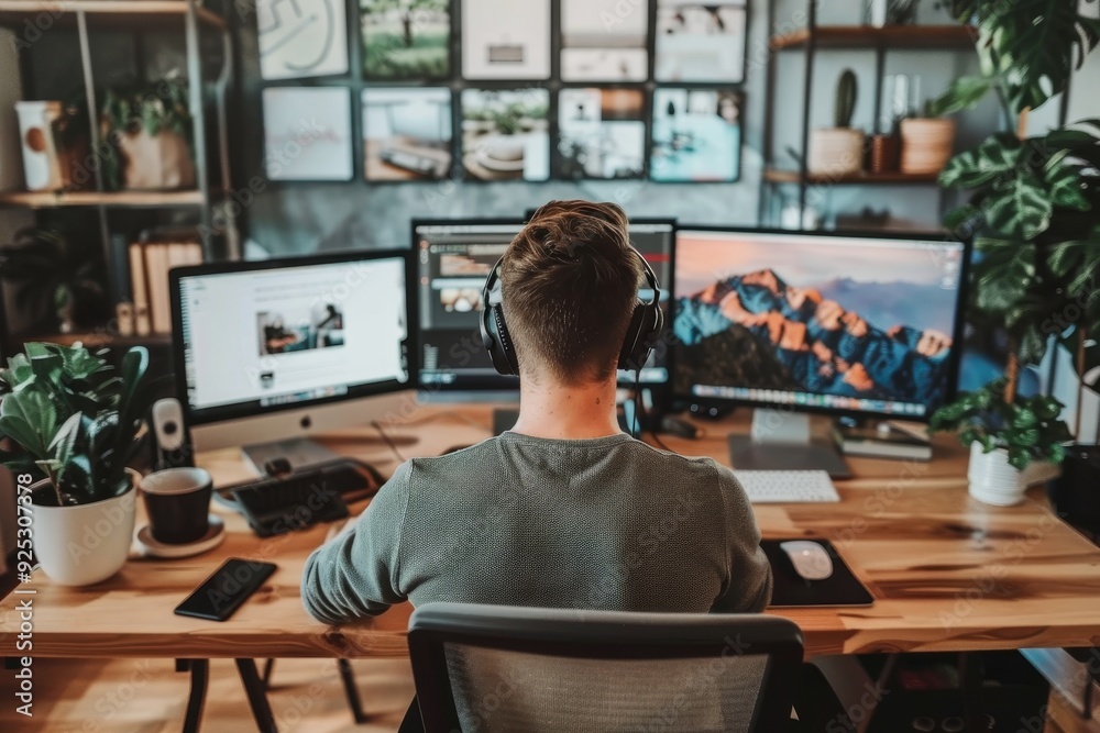 Sticker a man sitting at a desk in front of two computer monitors, focusing on his work, remote work product