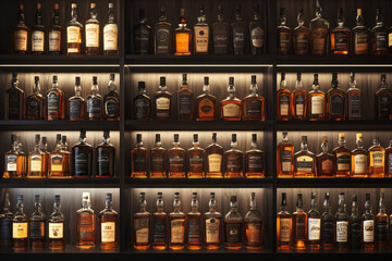Whiskey Bottles on Shelf.