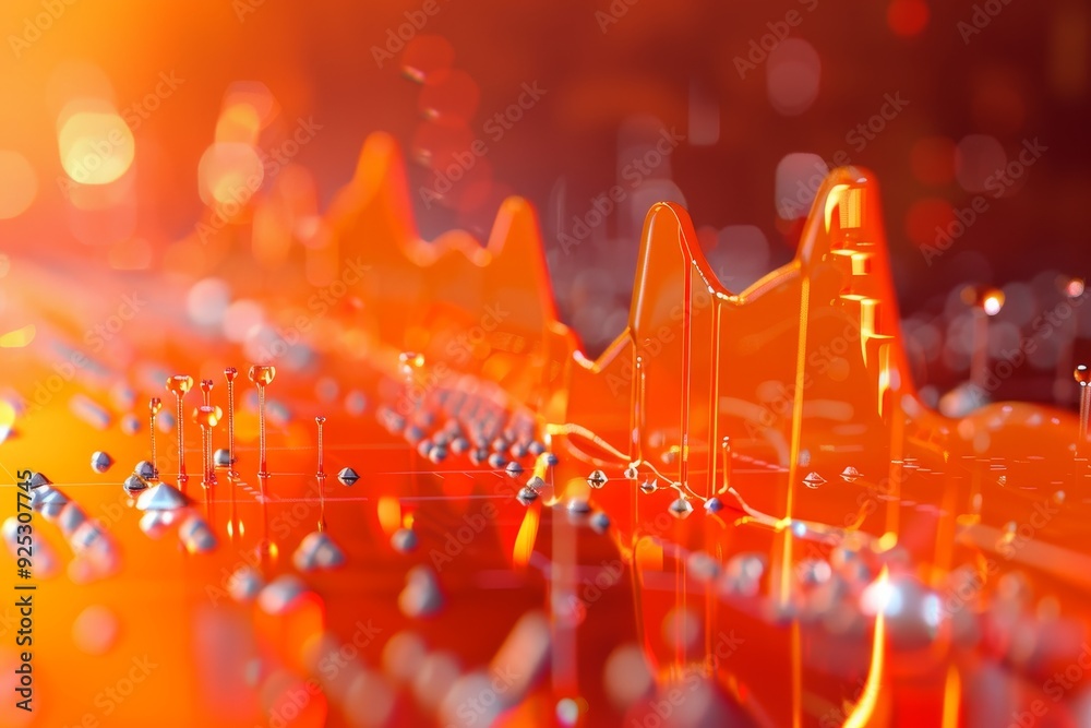 Poster detailed view of a computer screen displaying numerous lines and dots forming a fluctuating graph, r