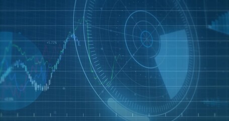 Financial graph and radar screen animation over blue grid background - Powered by Adobe