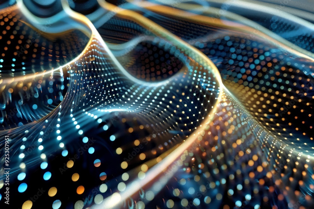 Poster hypnotic pattern of data streams in motion on a blue and yellow abstract background, render a hypnot