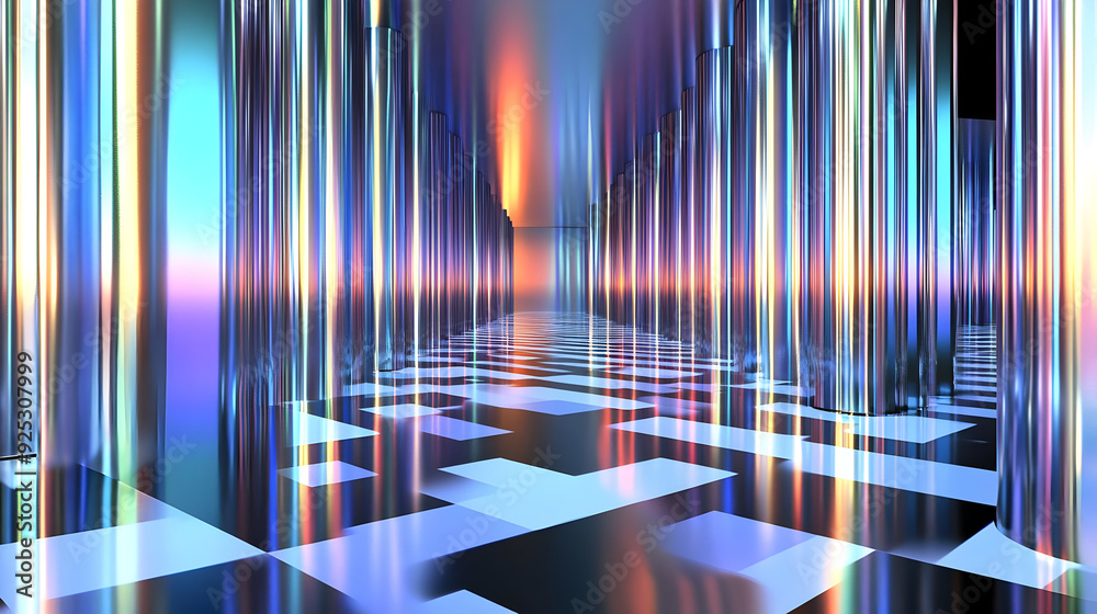 Poster a futuristic corridor with reflective surfaces and vibrant colors.