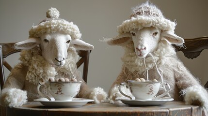Two sheep are sitting at a table drinking tea from cups. The animals are hand sewn from fluffy curly material. Staged tea drinking scene in a cozy setting. Illustration for varied design.