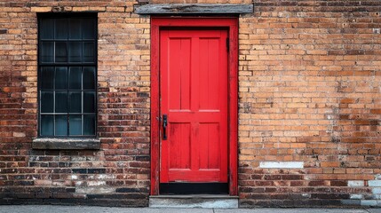 Create 5 prompts for stock photos related to A red door with a black handle sits in front of a brick building with 100-200 characters and ending with