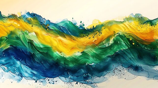 Brazilian flag with bold green, yellow, and blue hues, rippling in the breeze, depicted in watercolor style, set against a light background evoking the sunny warmth of Rio de Janeiro,
