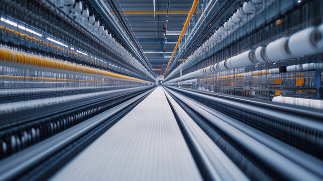 Modern textile factory with automated weaving machines in action, threads moving swiftly