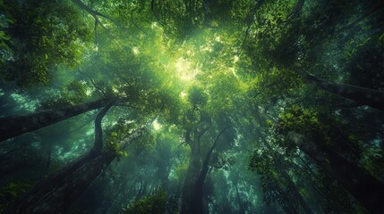 A Misty Forest Canopy Viewed From Below