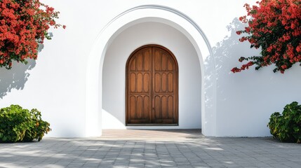 Create 5 prompts for stock photos related to A white building with a large archway and a wooden door with 100-200 characters and ending with
