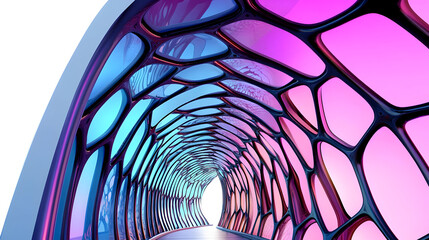 Fototapeta premium A futuristic tunnel with vibrant colors and a web-like structure leading to bright light.
