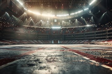 A spacious arena illuminated by numerous lights, devoid of people or activity, Render the intricate details of a stadium or arena setting