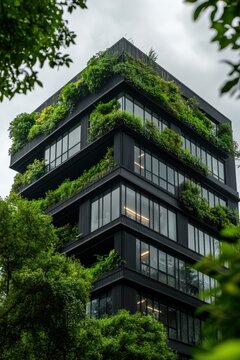 Sustainable architecture: eco-friendly hotel with solar panels and green roof design