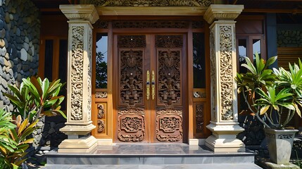 Naklejka premium Crafted timber door set with ornate parts hand carved in Bali