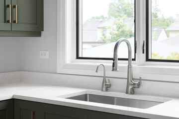 A kitchen sink detail with a stainless steel faucet, white marble countertop, green cabinets, and gold hardware.