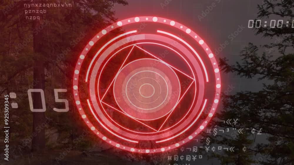 Poster red target animation over forest landscape with digital codes and timer