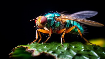 Fototapeta premium Exotic Drosophila Fly Diptera Parasite Insect Macro. Neural network ai generated art