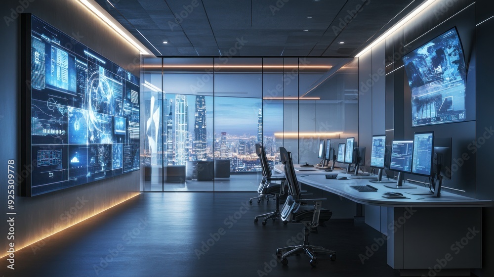 Poster Modern Office with Large Data Display and City View