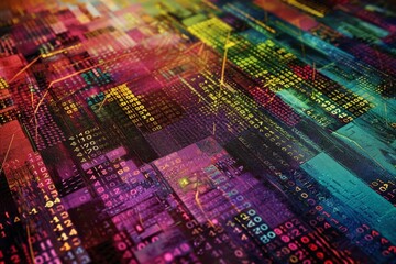 A vibrant and colorful background filled with a plethora of different hues and shades, creating a visually stimulating pattern, Replicate the intricate patterns of binary code on a digital canvas
