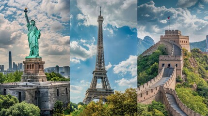 Fototapeta premium Iconic Landmarks: Statue of Liberty, Eiffel Tower, Great Wall of China