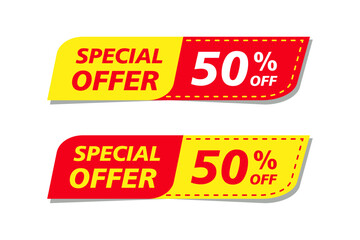Special offer sale label. 50 percent off on purchase banner.
