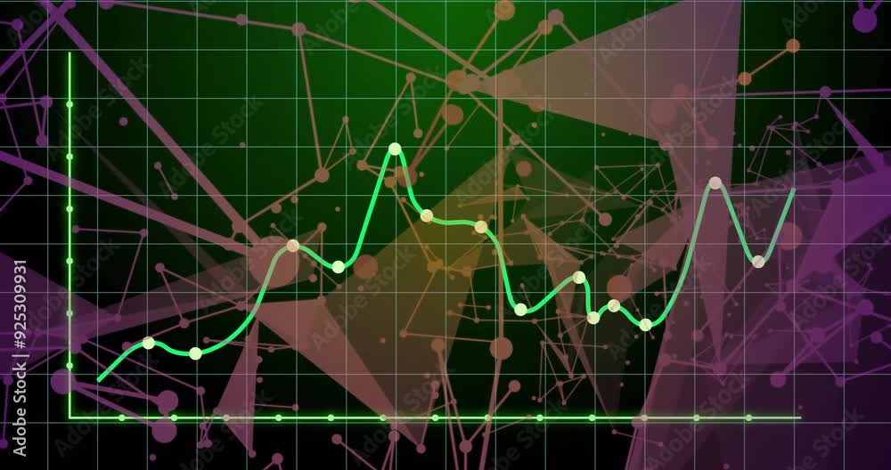 Poster fluctuating line graph over network connections animation displaying data trends