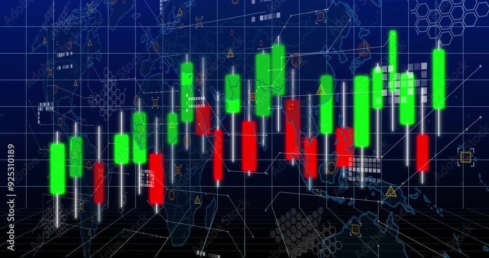 Sticker Stock market candlestick chart animation over world map and data grid