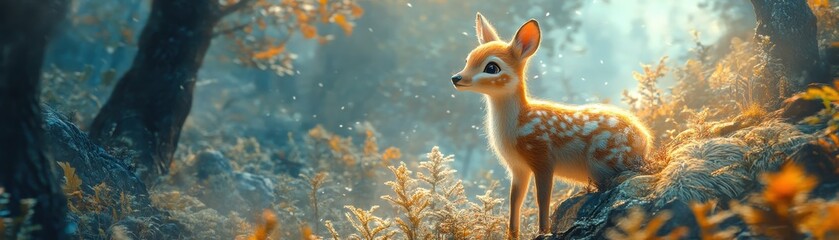Obraz premium AI Character Interacting with 3D Cartoon Animals, vibrant forest, detailed fur textures