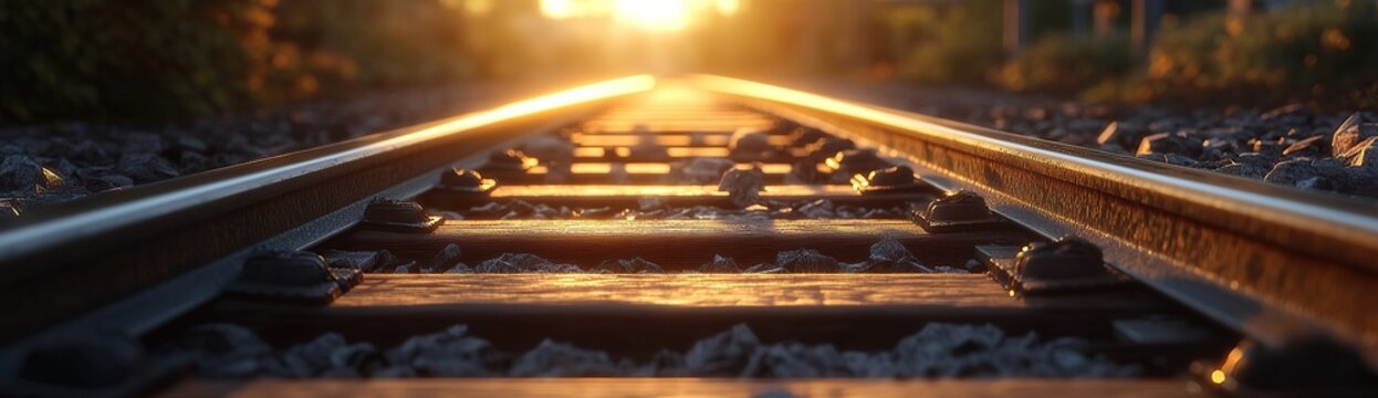Close-up of crossing railway tracks at sunset with warm sunlight