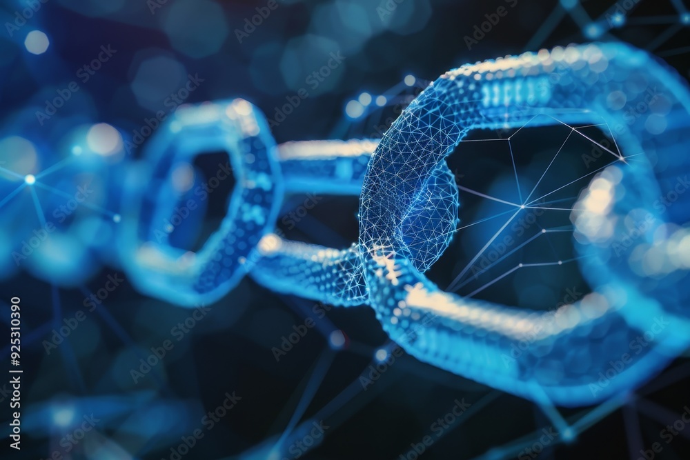 Poster detailed view of a blue chain against a black backdrop, representing the concept of end-to-end encry