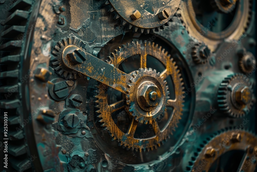 Poster detailed view of clock with gears in motion, representing the fusion of man-made and natural element