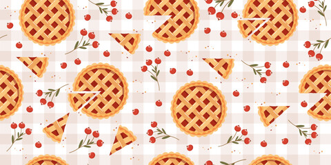 Seamless pattern of whole and pieces of pies with jam and berries on a checkered background. Food pastry pie background, illustration © Tatiana