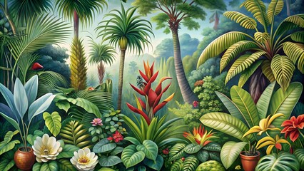 Fototapeta premium A botanical illustration of rare and exotic plants from a tropical rainforest